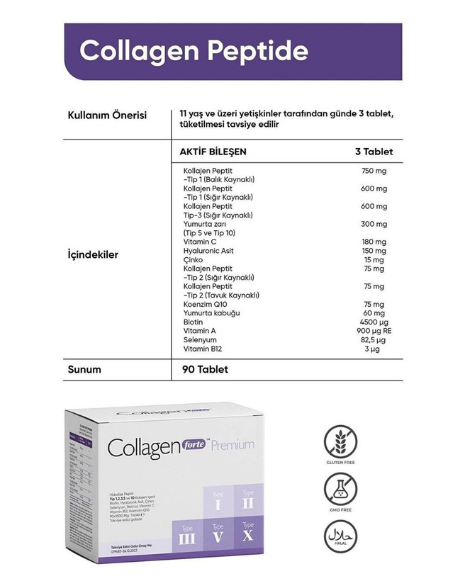 مکمل ۵ نوع کلاژن بههمراه بیوتین، زینک، سلنیوم، رتینول، ویتامین C و کوآنزیم Q10 Collagen Forte Platinum قرص 90 عددی