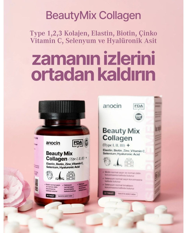 مکمل بیوتی میکس کلاژن آنوسین | Anocin ــ ترکیب کامل کلاژن نوع ۱، ۲، ۳ با بیوتین، زینک و هیالورونیک اسید