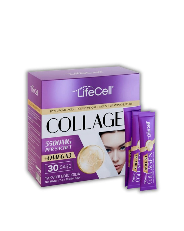ساشه 30 تایی کلاژن هیدرولیز شده ، امگا3 , Q10 ، هیالورونیک اسید و ویتامینها Lifecell | لایف سل ـ مکمل 2 منظوره زیبایی و سلامتی با دوز موثر کلاژن و امگا3