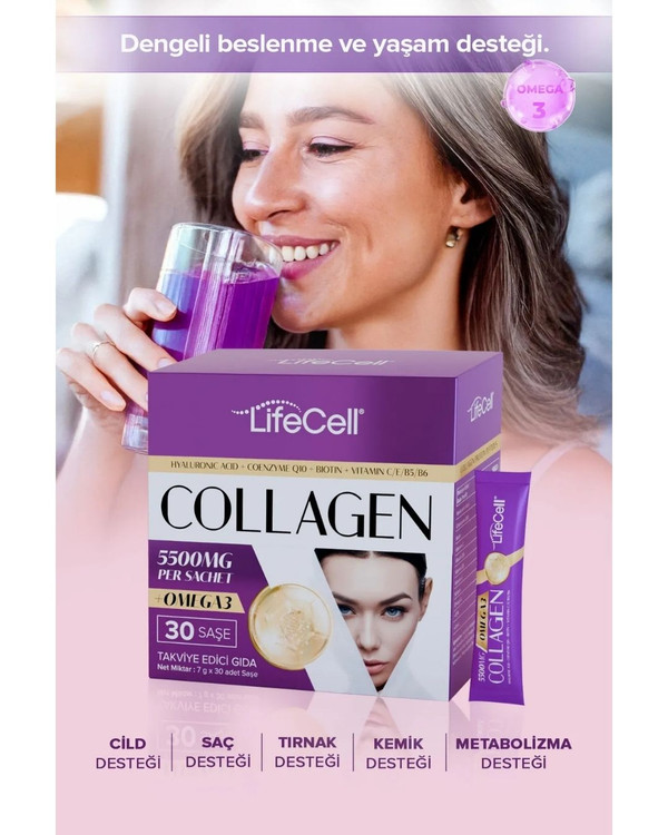 ساشه 30 تایی کلاژن هیدرولیز شده ، امگا3 , Q10 ، هیالورونیک اسید و ویتامینها Lifecell | لایف سل ـ مکمل 2 منظوره زیبایی و سلامتی با دوز موثر کلاژن و امگا3
