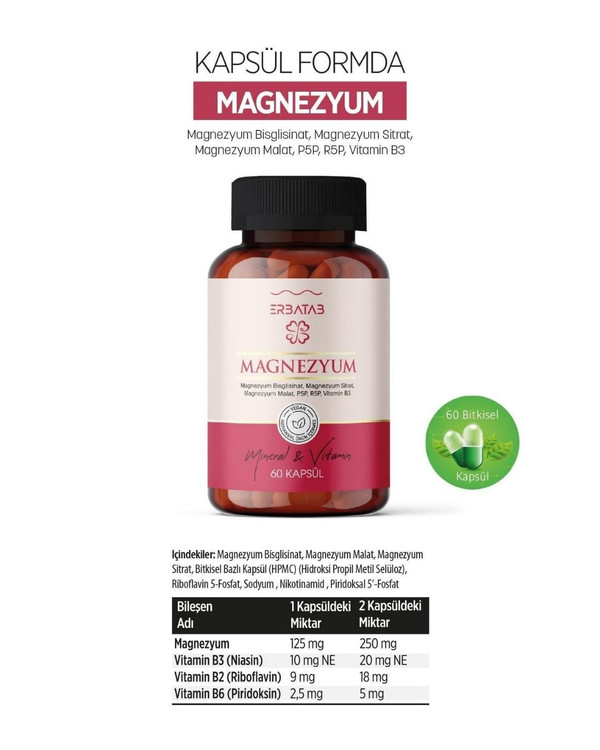منیزیم ۳گانه با ویتامینهای B2، B3 و B6 ارباتاب | Erbatab ـ 60 عددی