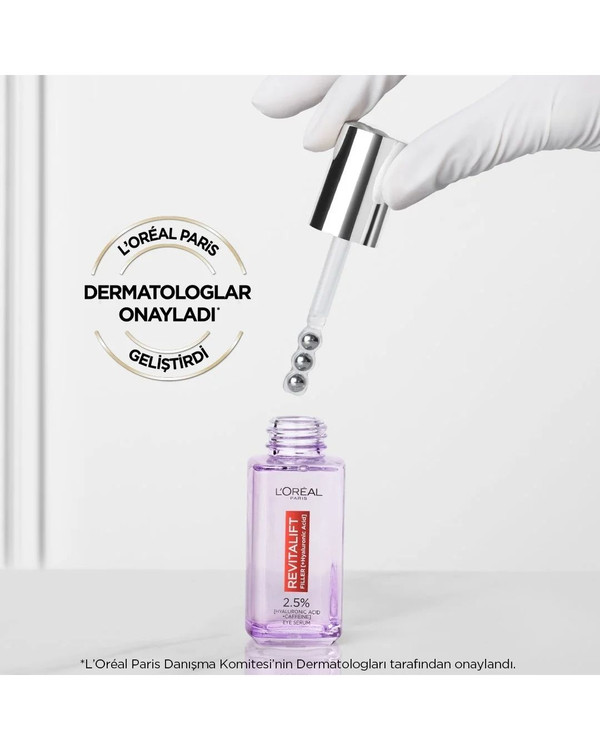 سرم دور چشم هیالورونیک اسید ۲.۵٪ و کافئین لورآل سری رویتالیفت فیلر – آبرسان، ضد پف و ضد لک (۲۰ میل)