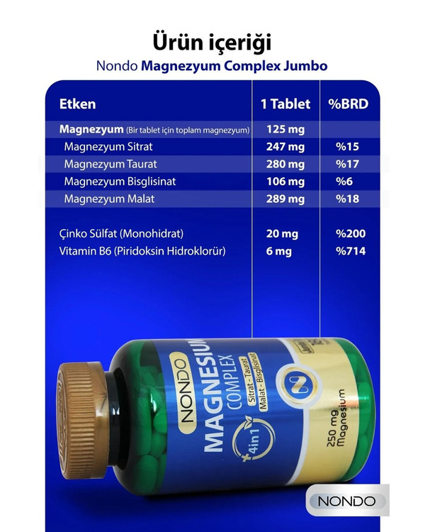 مکمل منیزیم کمپلکس نوندو | Nondo | ترکیب ۴ فرم پیشرفته ـ 125 میلیگرم منیزیم خالص | ۱۸۰ عددی ، سایز بزرگ و اقتصادی