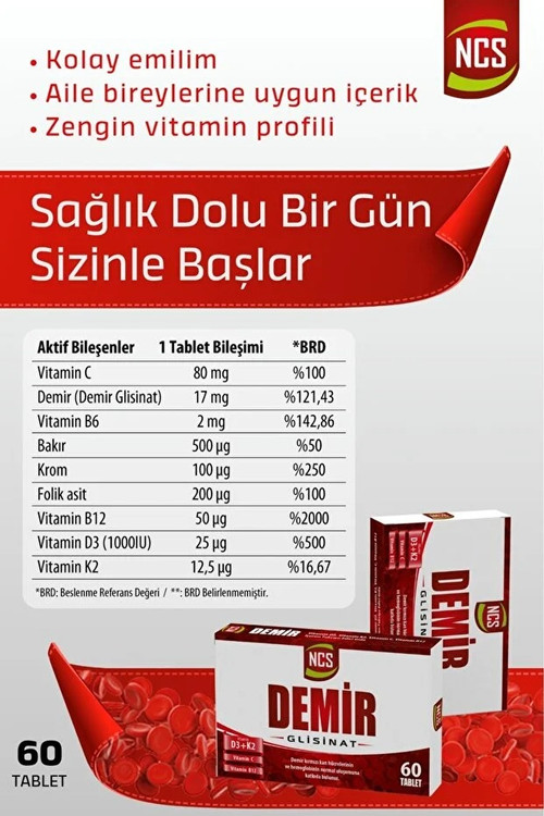 مکمل آهن گلیسنات NCS | کمپلکس حاوی ویتامین C , D3, K2 فولیک اسید ،B12 , B6 ، مس و کروم - 60 عددی