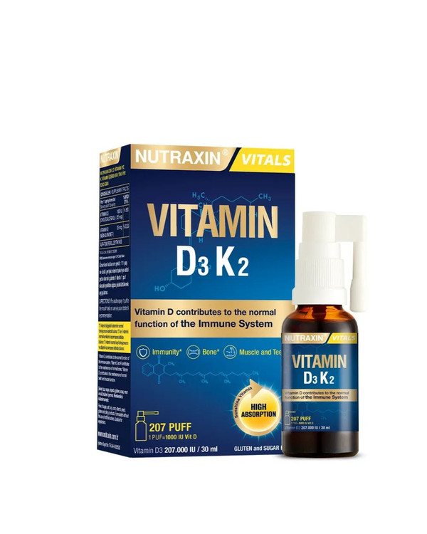 اسپری ویتامین D3 + K2 نوتراکسین | NUTRAXIN – حمایت از عملکرد سیستم ایمنی ، عضلات ، استخوان و دندان ها