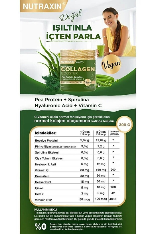 Nutraxin Vegan Protein Booster 300 Gr - Pea Protein, Spirulina, Vitamin C, Hyaluronic Acid Gluten Free