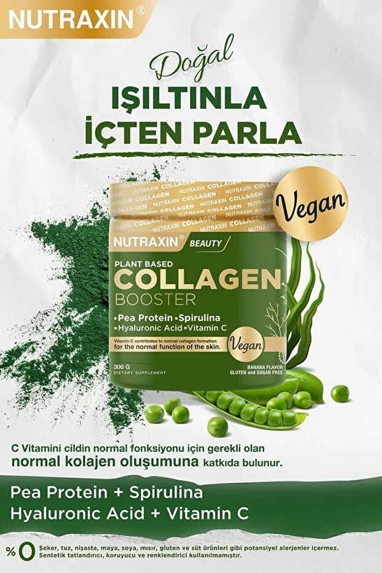 Nutraxin Vegan Protein Booster 300 Gr - Pea Protein, Spirulina, Vitamin C, Hyaluronic Acid Gluten Free